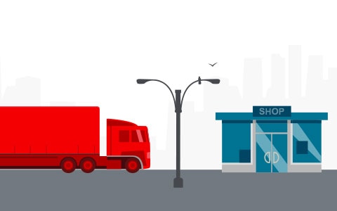 Illustration of truck part of supply chain driving to store