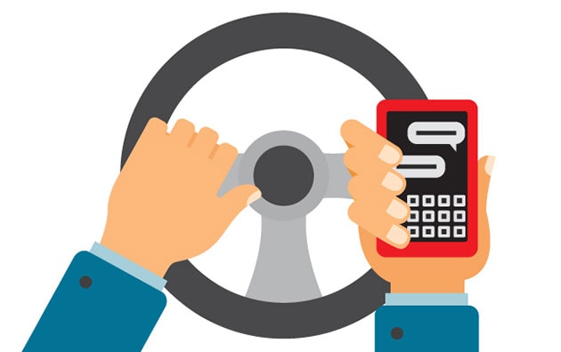 Illustrated person checking phone behind the wheel of a car